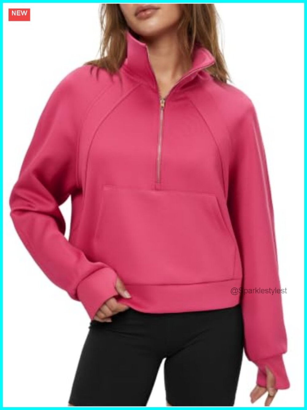 Half Zip Stand Collar Sweatshirt with Thumbholes & Kangaroo Pocket